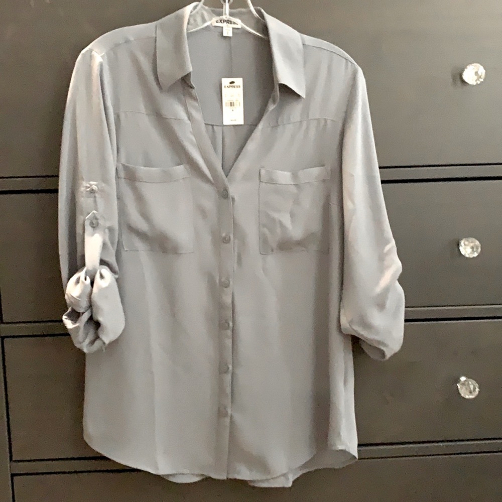 Express long sleeve, v-neck, button up blouse. Blueish grey. Size M. NWT